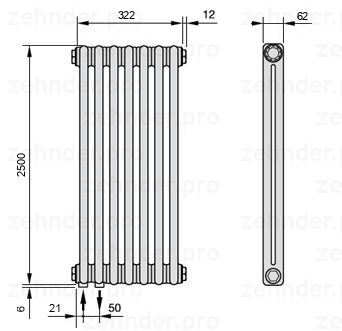 Схема (чертеж) Радиатор Zehnder Charleston 2250/7 №3370 Белый глянцевый RAL 9016